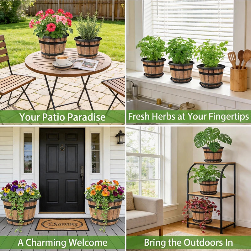 Resin Imitation Wooden Barrel Planter Indoor Outdoor Flower Pot