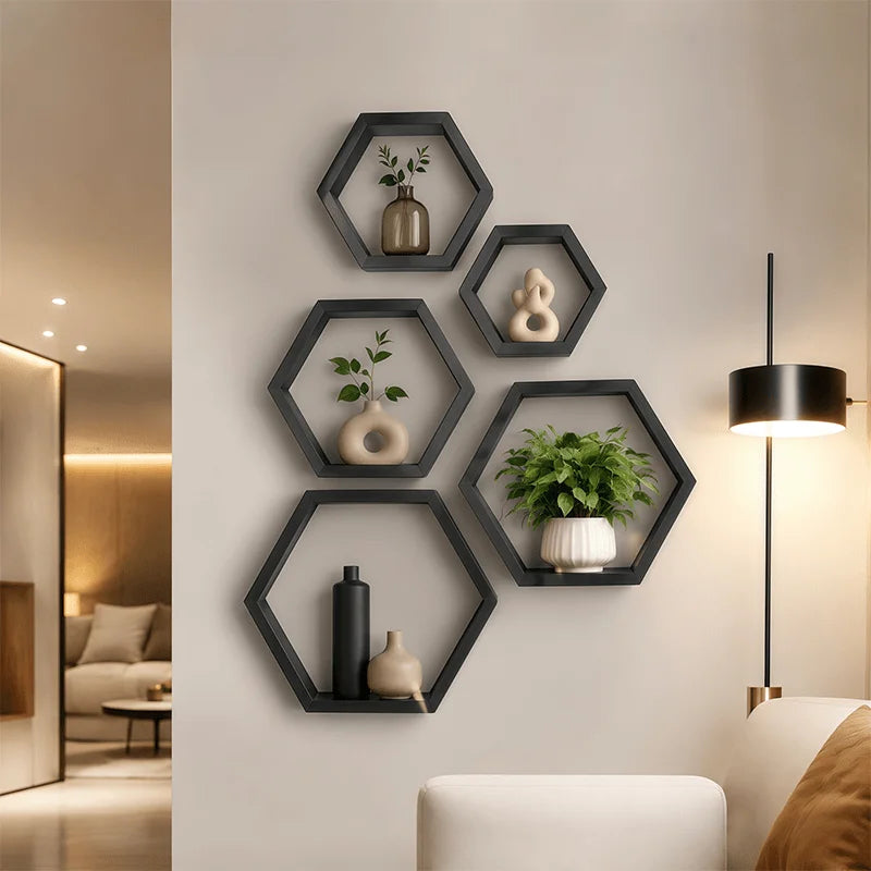 Set Of 3 Hexagonal Floating Wooden Wall Shelves