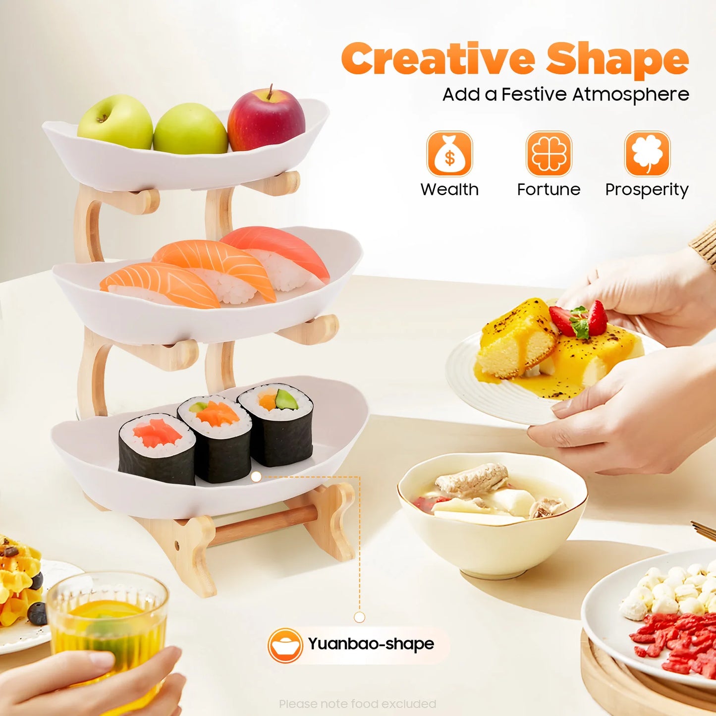 Three Tier Fruit Plate Stand With Bamboo Wood Base Dessert Tray