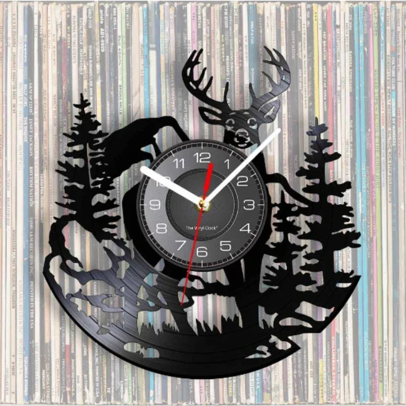 Forest Deer Vinyl Record Wall Clock LED Night Light