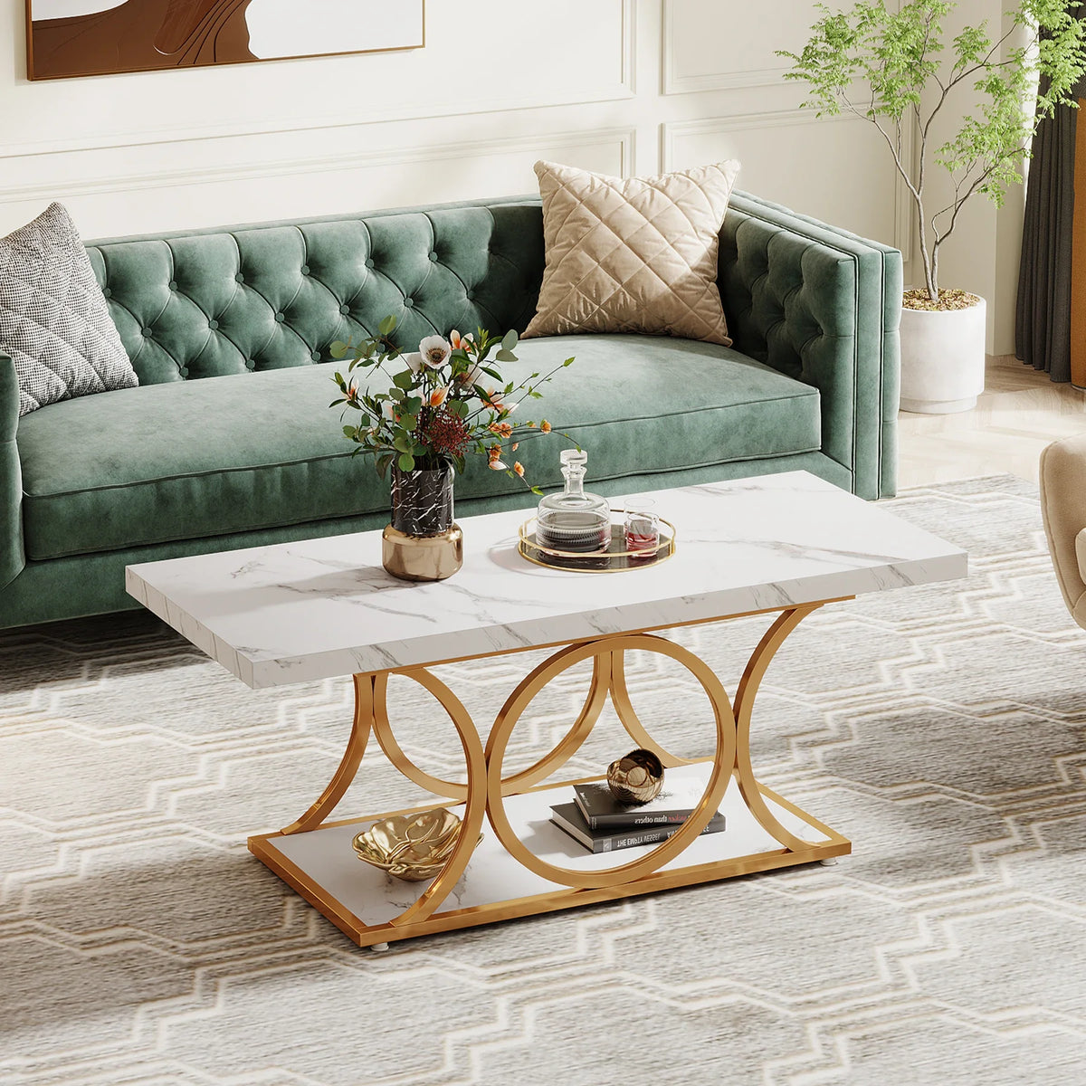 Tribesigns Modern Rectangle Coffee Table With Faux Marble Shelf