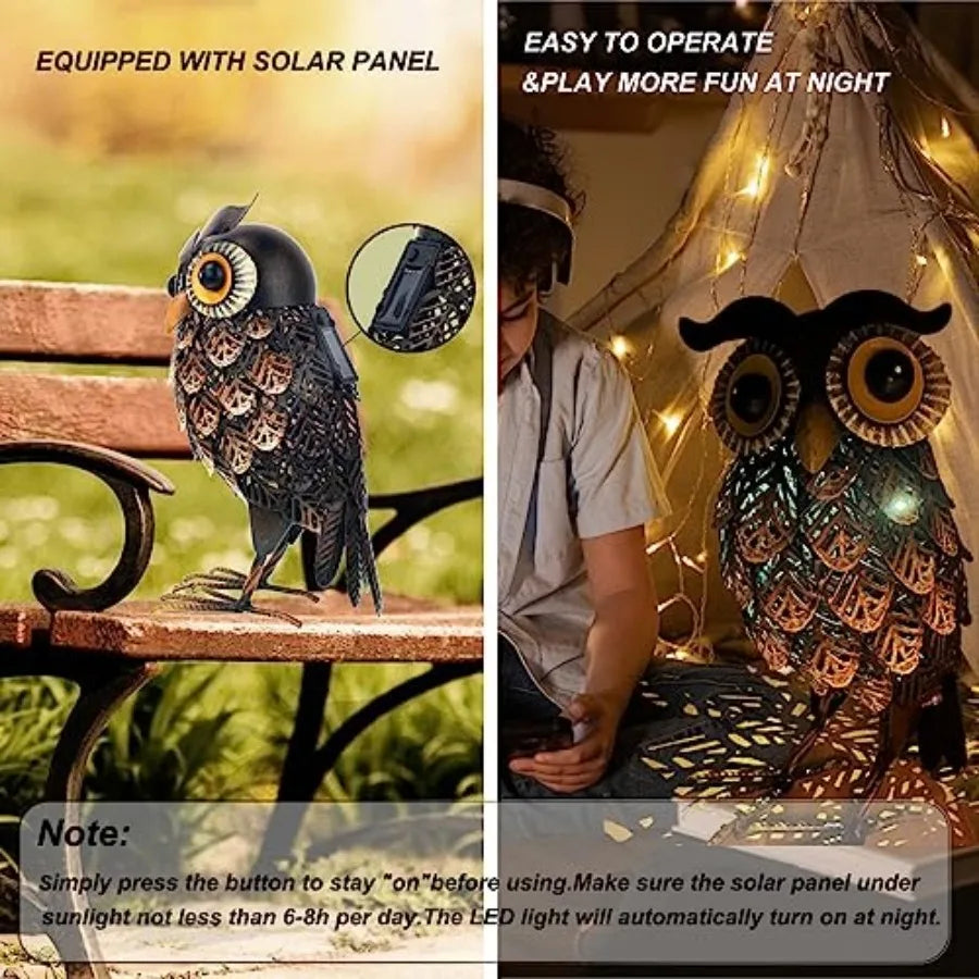 Metal Owl Garden Statue With Solar LED Lights For Patio