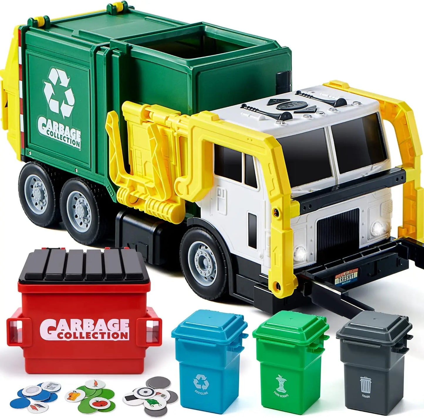 JOYFY Friction Powered Garbage Truck Toy Set With Dumpster Bins