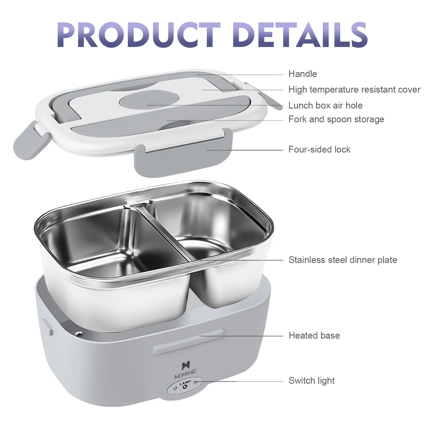 MDHAND 3 In 1 Electric Lunch Box 65W Fast Heating Leakproof