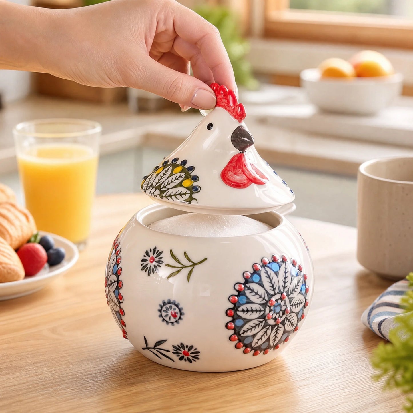 Ceramic Salt Cellar With Lid And Spoon Farmhouse Chicken Design