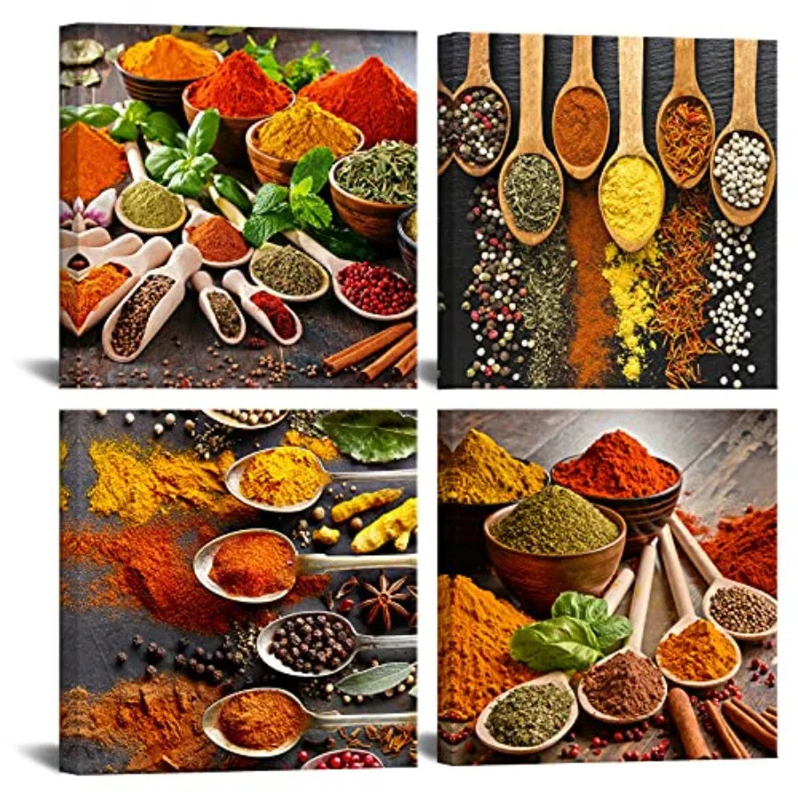 Abstract Kitchen Wall Art 4 Piece Spices And Spoons Framed Canvas Prints