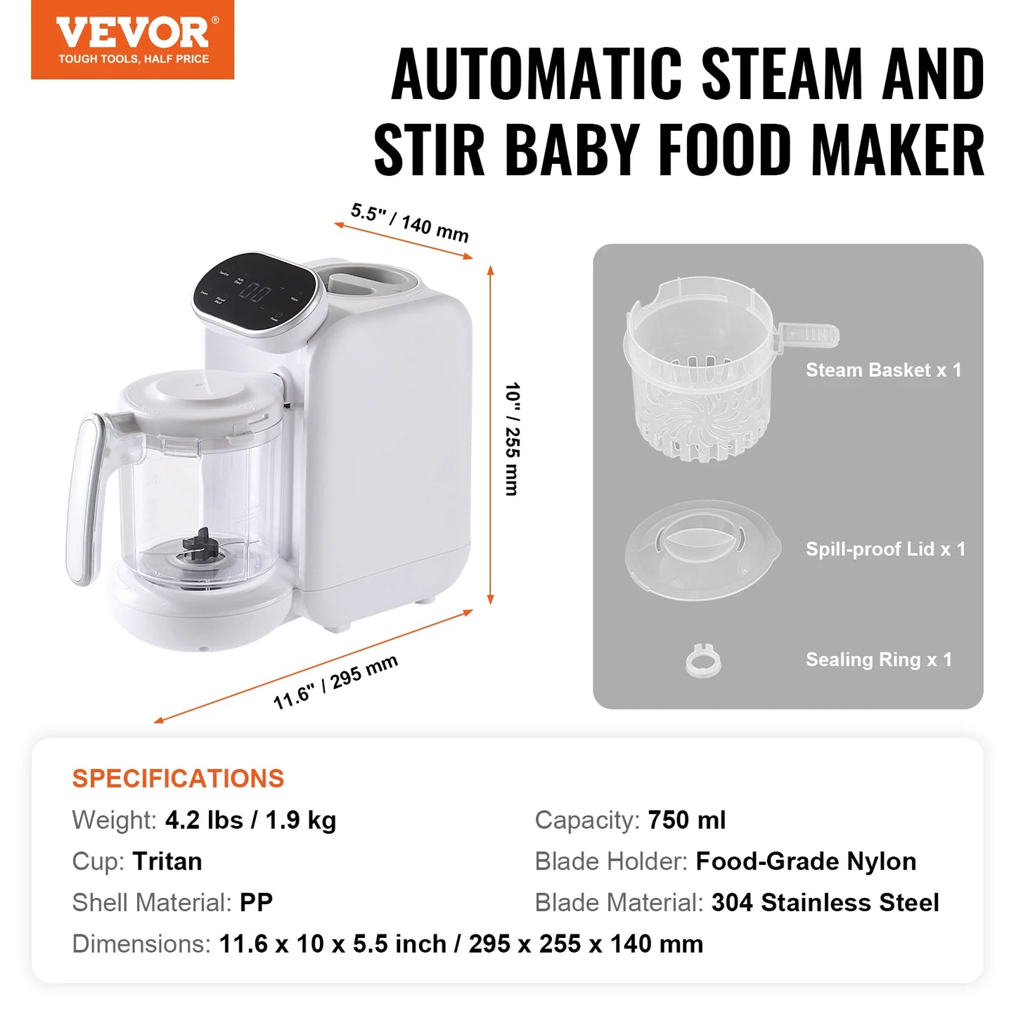 VEVOR Baby Food Maker 430W 750ml Tritan Bowl FiveInOne