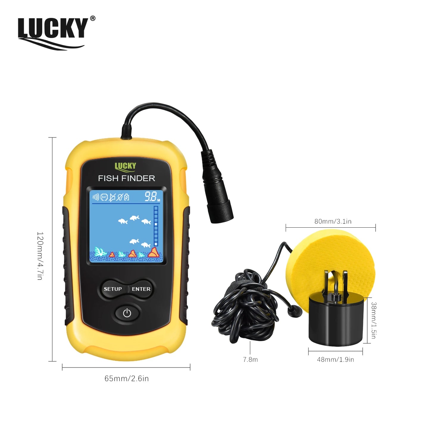 LuckyLaker Portable Sonar Fish Finder Alarm 100m Coverage 45 Degree