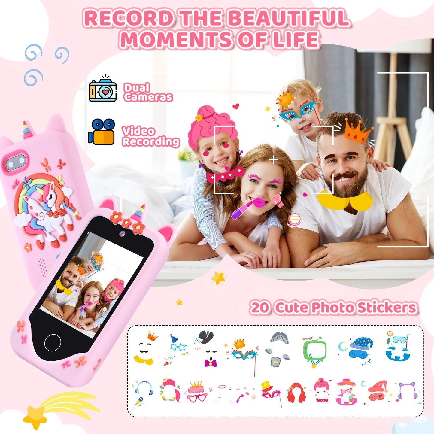 Children's Smart Phone Toy, Touchscreen HD Dual Camera Kids' Toy Phone with 32GB SD Card, Travel Toy, Suitable as Birthday or Ch