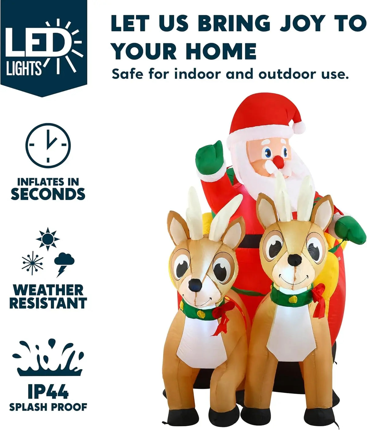 Joyfy Santa Sleigh With Reindeer LED Christmas Inflatable Decoration