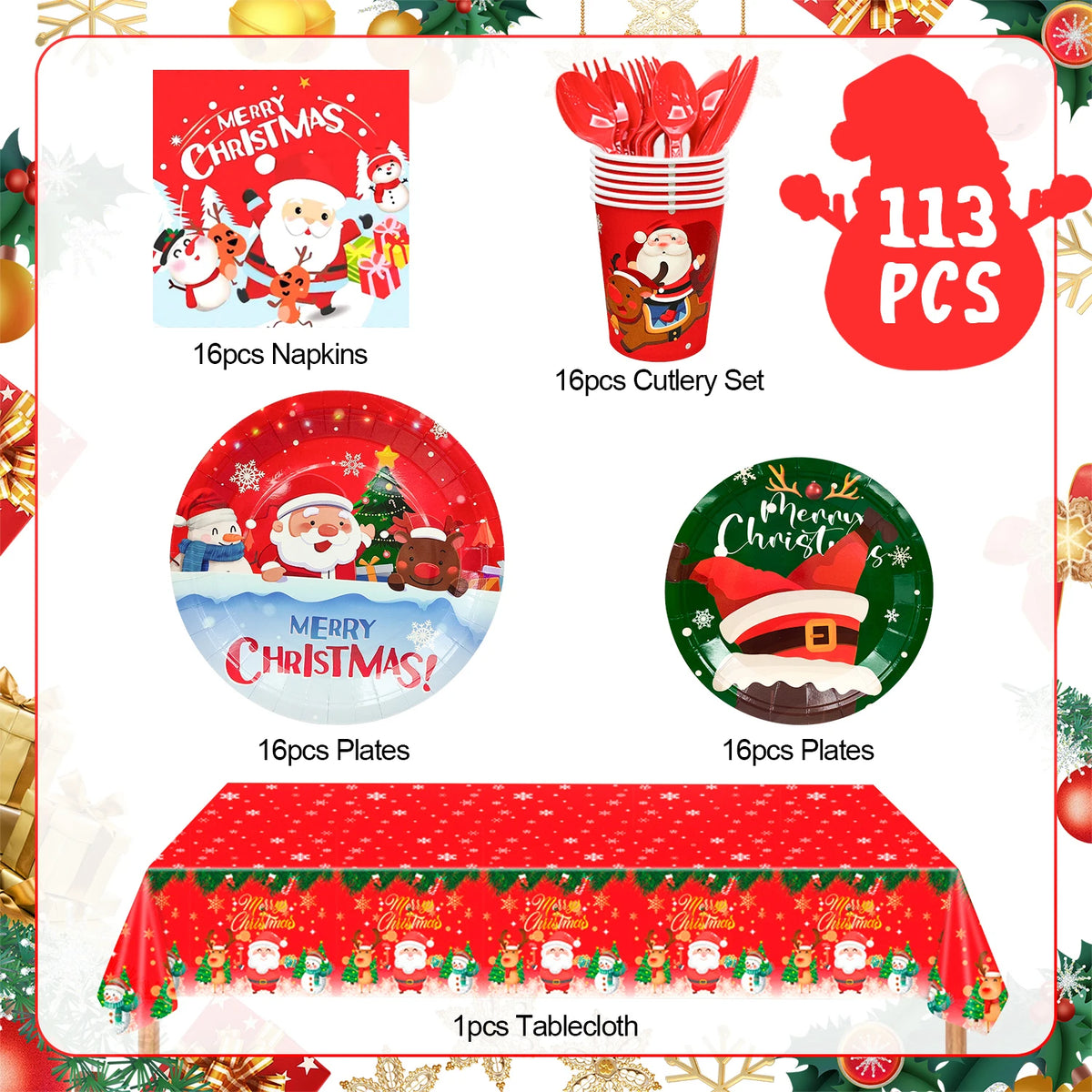 Christmas Party Tableware Set With Paper Plates Napkins Cups