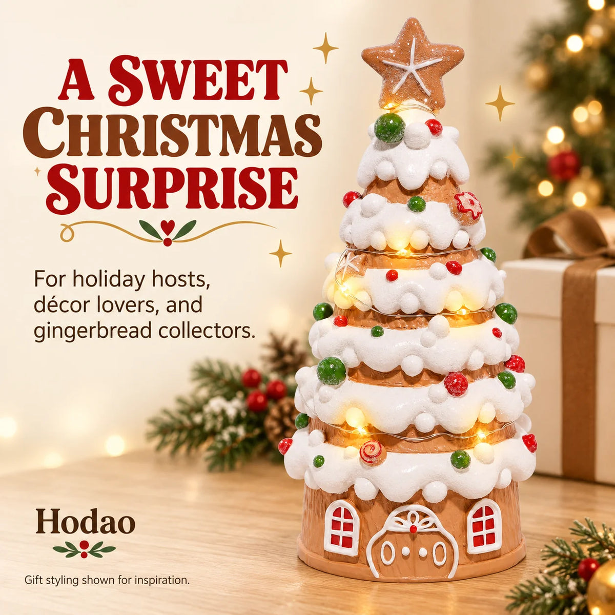 Hodao Light Up Gingerbread Christmas Tree Tabletop Ornament