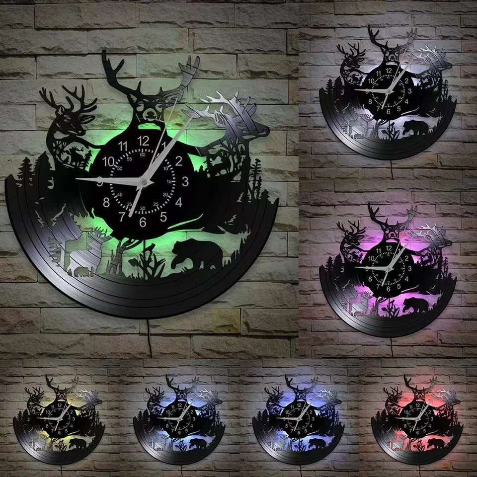 Forest Deer Vinyl Record Wall Clock LED Night Light
