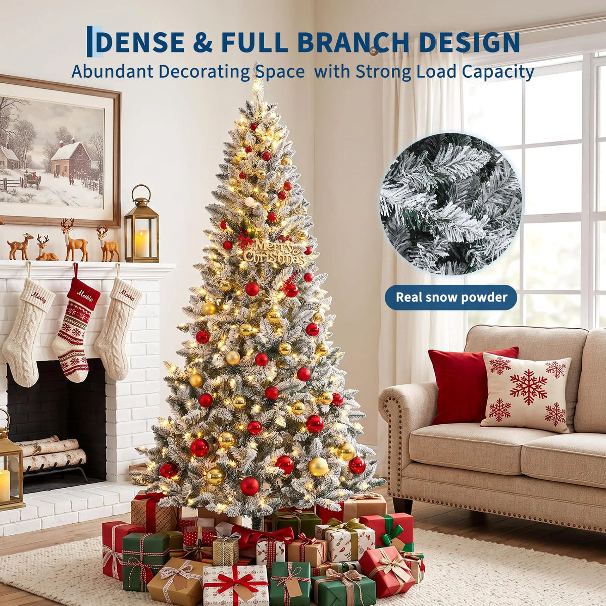 HiMISS Pre Lit Flocked Christmas Tree With Lights and Stand
