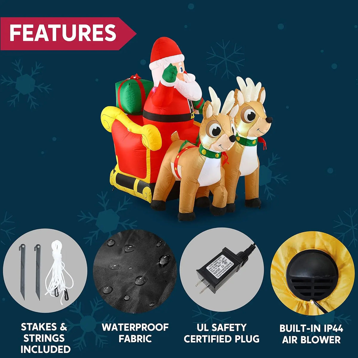 Joyfy Santa Sleigh With Reindeer LED Christmas Inflatable Decoration