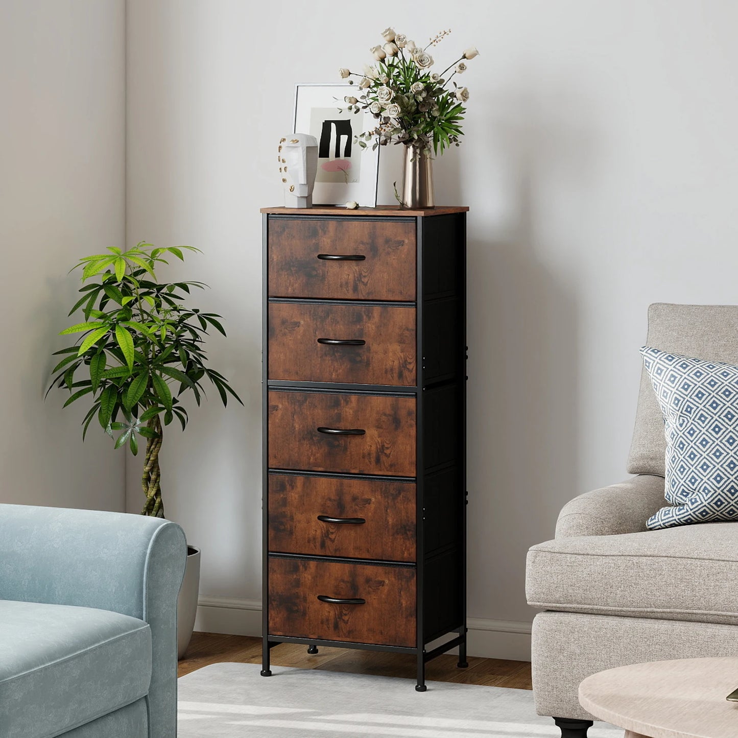 JHK Dresser With 5 Fabric Drawers Nightstand Wardrobe Steel Frame