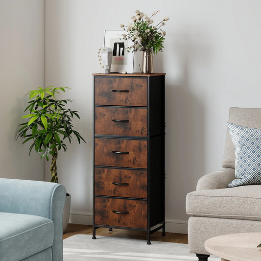JHK Dresser With 5 Fabric Drawers Nightstand Wardrobe Steel Frame
