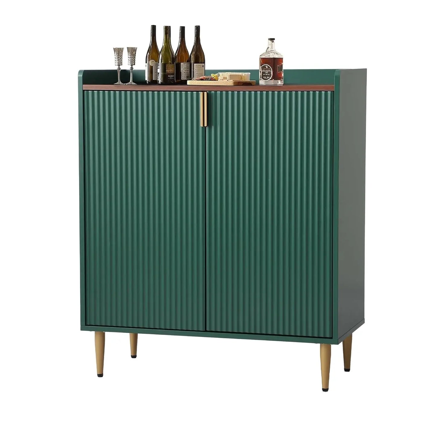 Wood Bar Cabinet With Wine Rack And Fluted Glass Holders