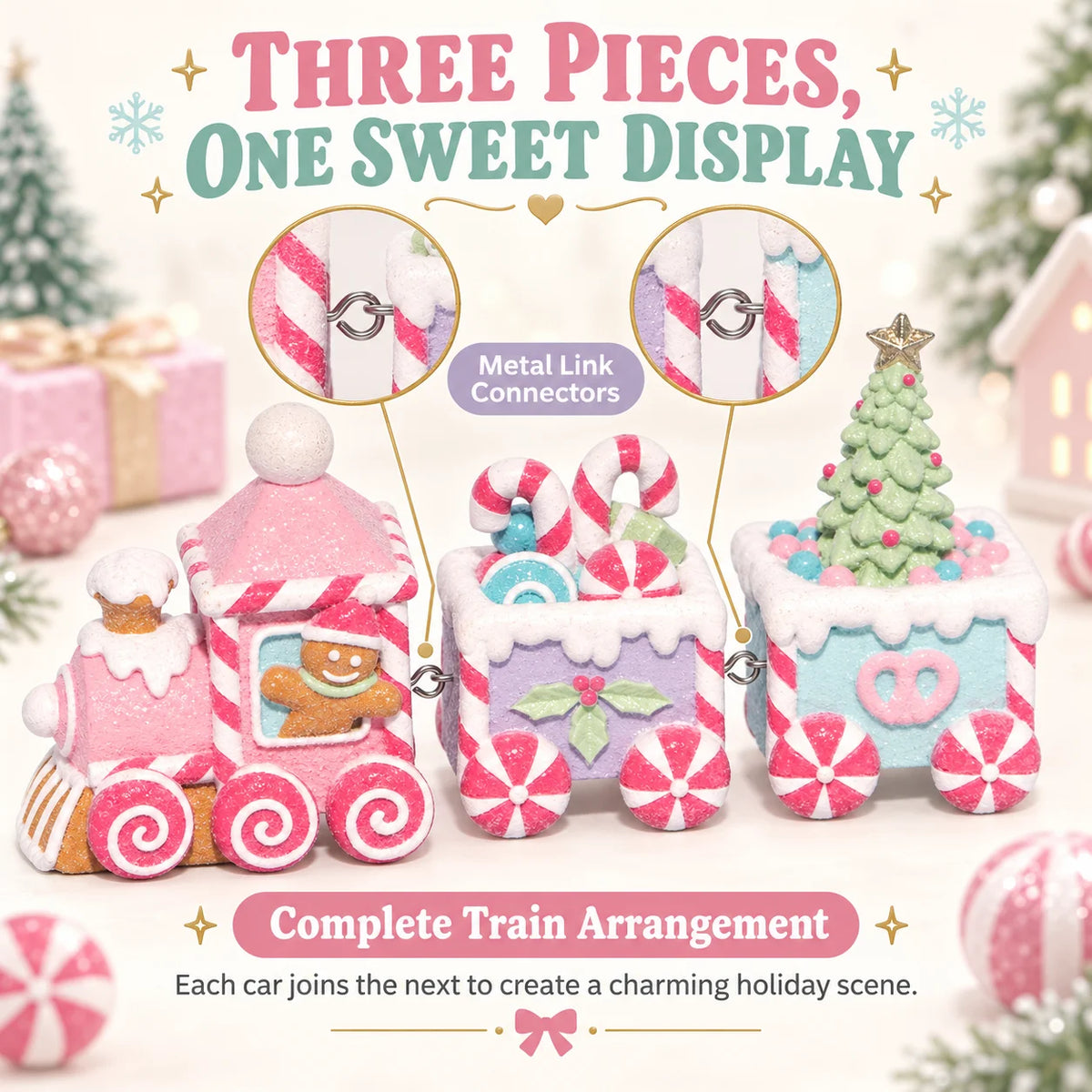 Hodao Gingerbread Christmas Train Figurine Set With Candy Themed Cars