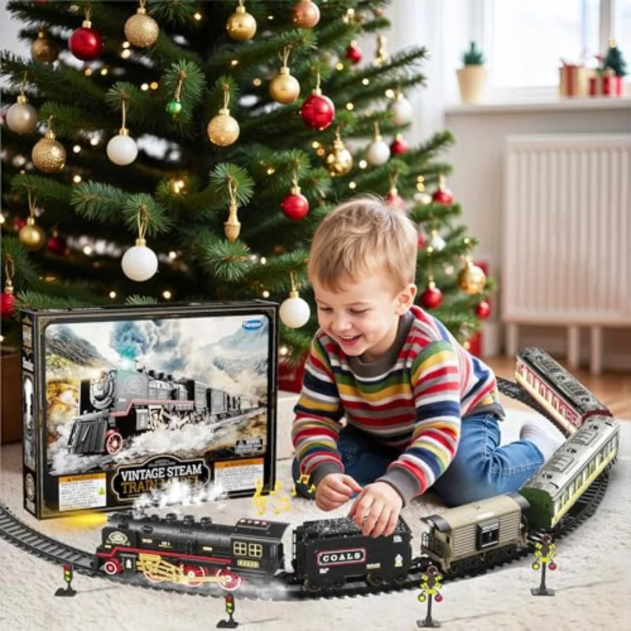 OLOEY Electric Steam Train Set With Glowing Carriages Realistic Smoke