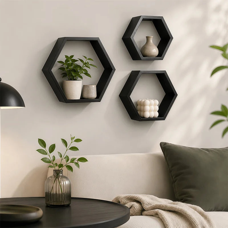 Set Of 3 Hexagonal Floating Wooden Wall Shelves