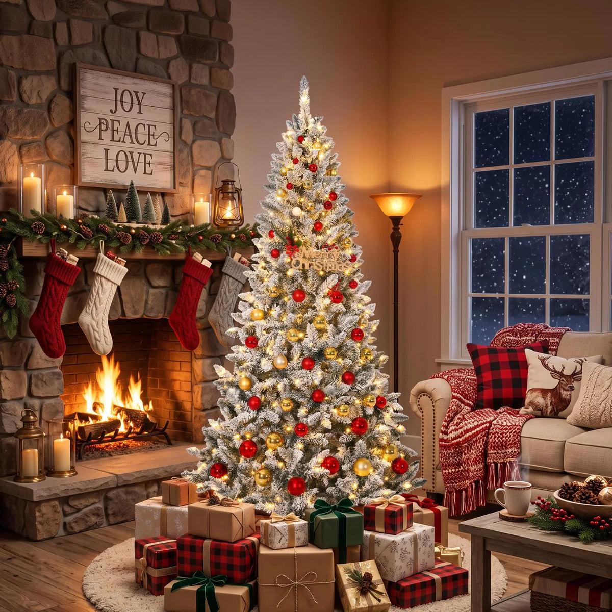 HiMISS Pre Lit Flocked Christmas Tree With Lights and Stand
