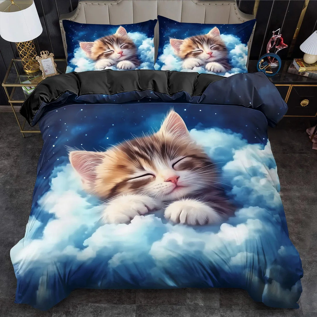 Cartoon Cat Duvet Cover Set Polyester Bed Linen Machine Washable