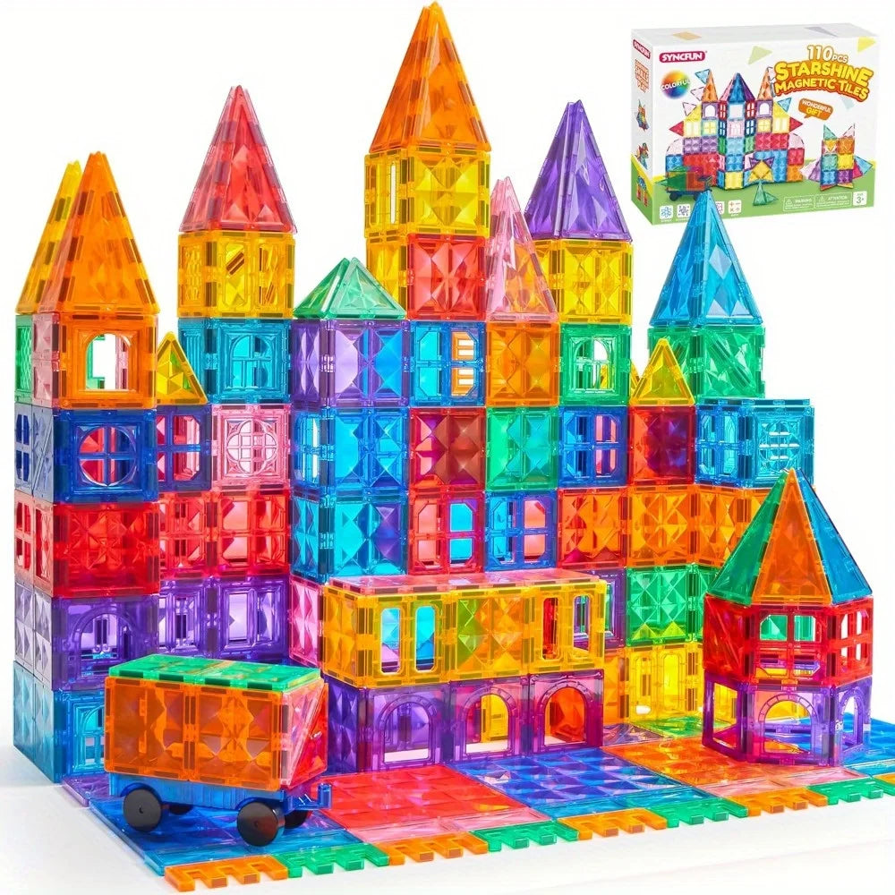 Joyfy Magnetic Building Tiles Set 110 Pieces With Vehicle Blocks