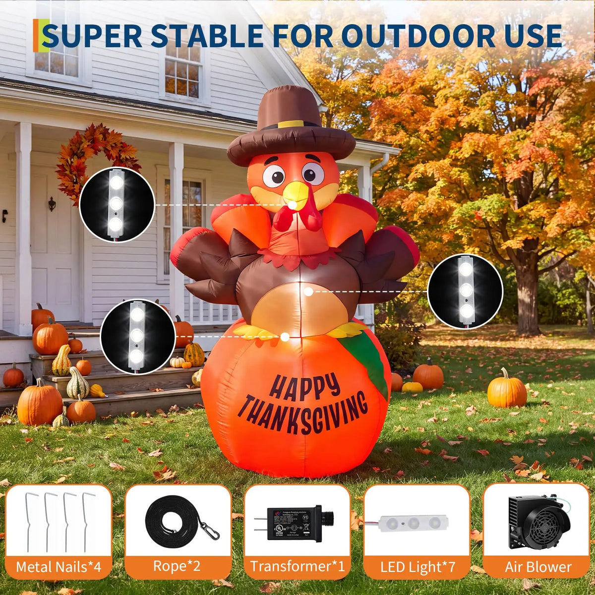 HiMISS Thanksgiving Inflatable Pumpkin Turkey LED Lights Outdoor Holiday Decor