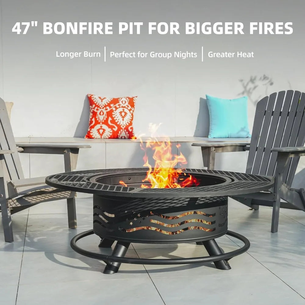 Outdoor Fire Pit With Dual Grates And Lid For Backyard