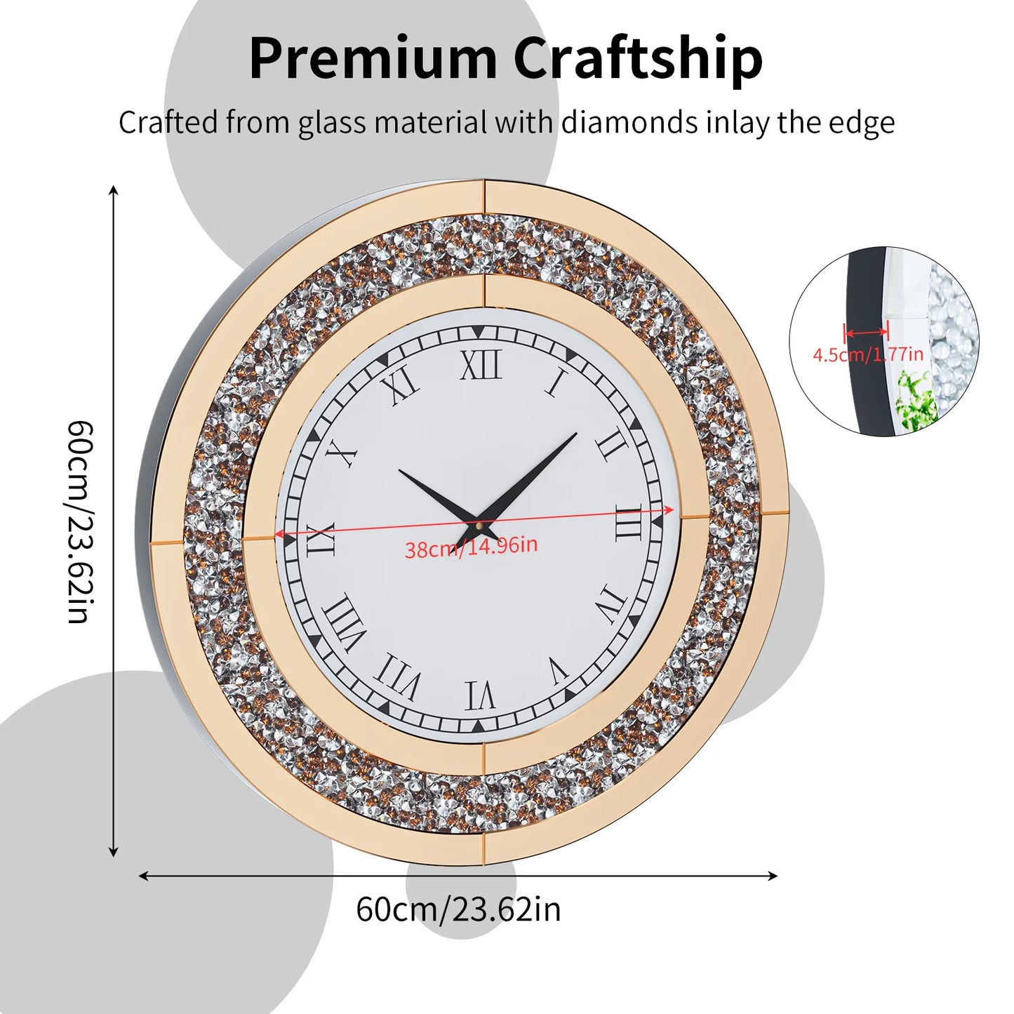 Round Mirror Clock With Crystal Sparkle Mirrored Wall Decor