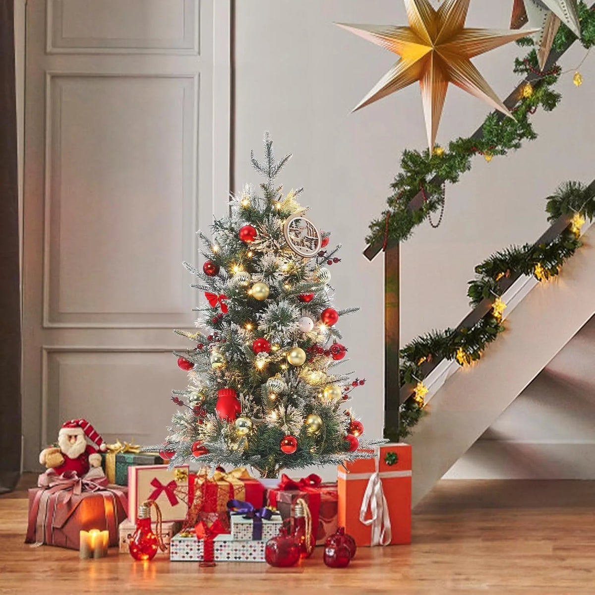 ANIXOL Pre Lit Snow Flocked Artificial Christmas Tree With Elk Base