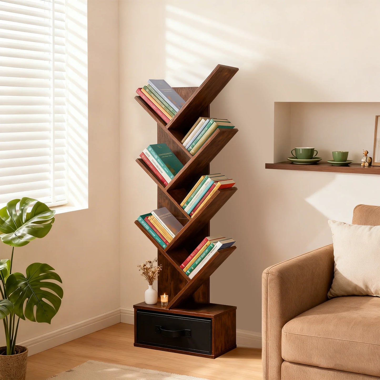 MCQ 7 Tier Tree Bookshelf With Drawer Corner Bookcase