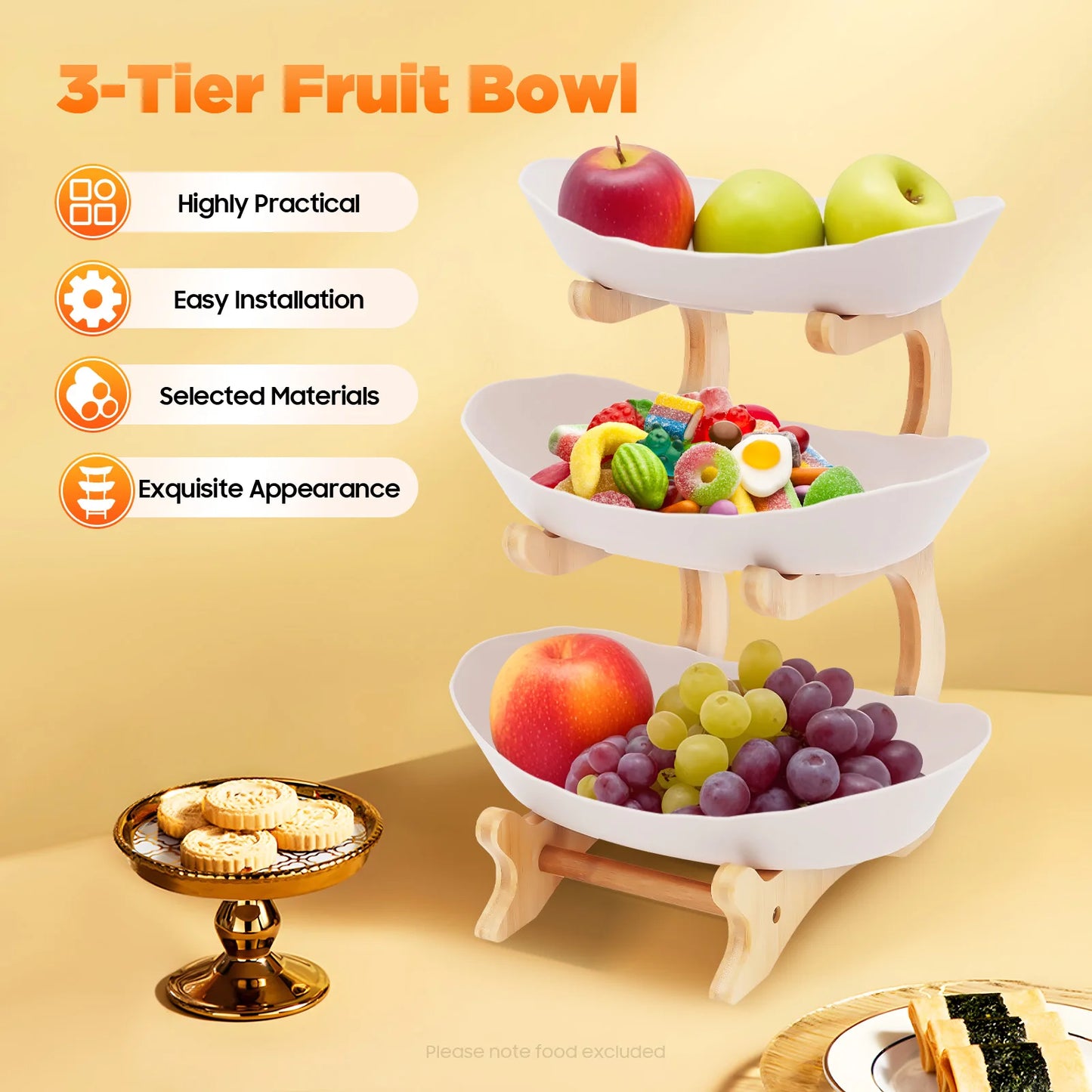 Three Tier Fruit Plate Stand With Bamboo Wood Base Dessert Tray