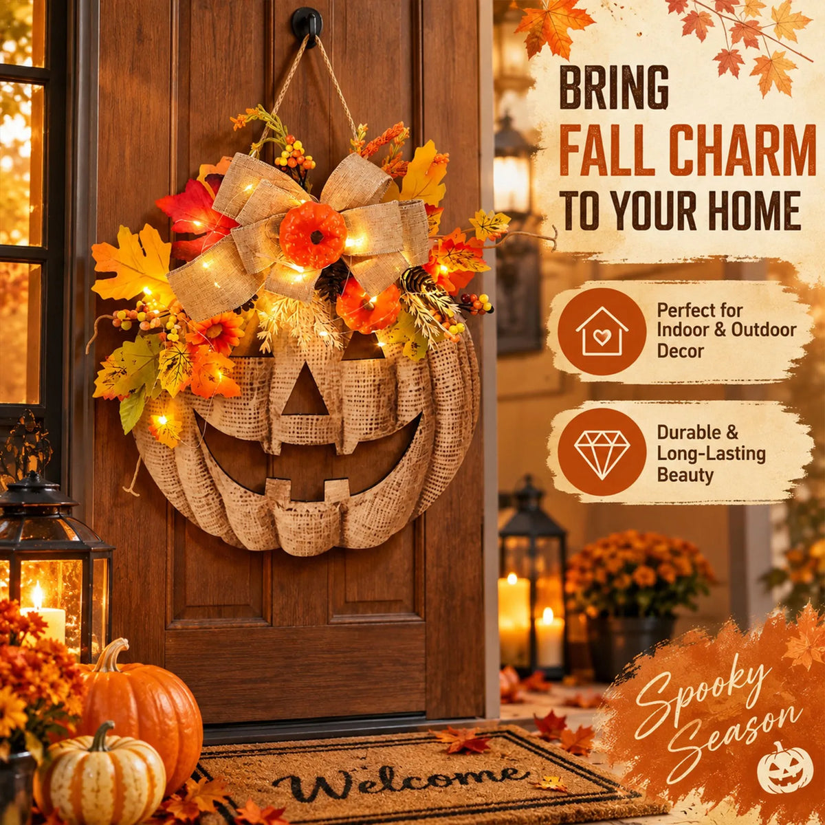 Lighted Burlap Pumpkin Wreath Halloween Door Hanging Decor