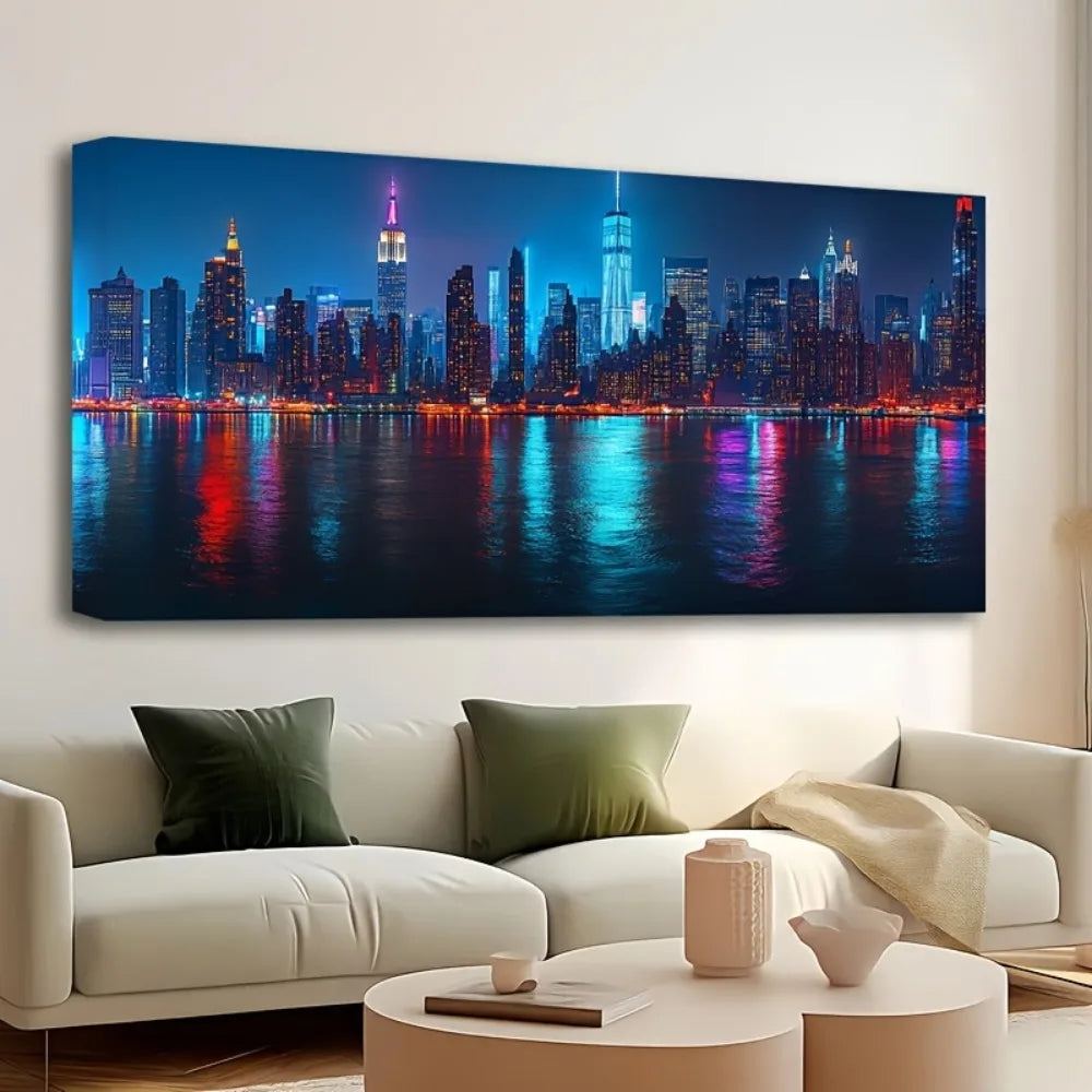 New York City Skyline Canvas Wall Art With Pine Frame