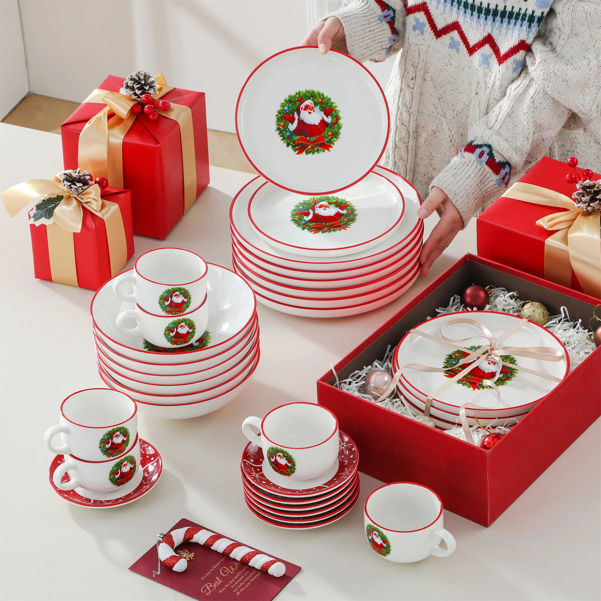 MALACASA Ceramic Christmas Dinnerware Set With Plates And Cups