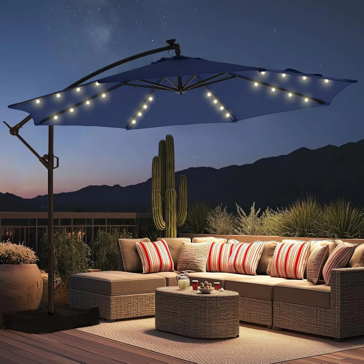 Solar Powered Offset Cantilever Umbrella With LED Lights And Base