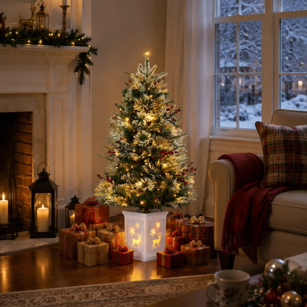 ANIXOL Pre Lit Snow Flocked Artificial Christmas Tree With Elk Base