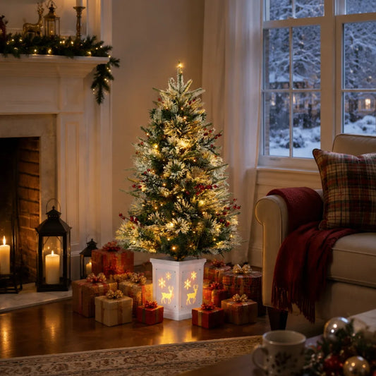 ANIXOL Pre Lit Snow Flocked Artificial Christmas Tree With Elk Base
