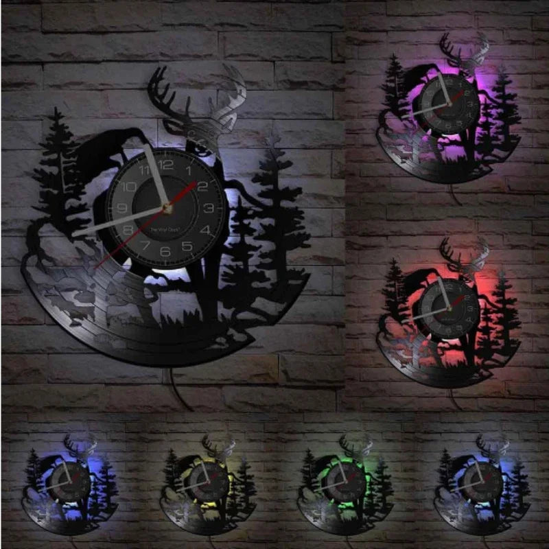 Forest Deer Vinyl Record Wall Clock LED Night Light