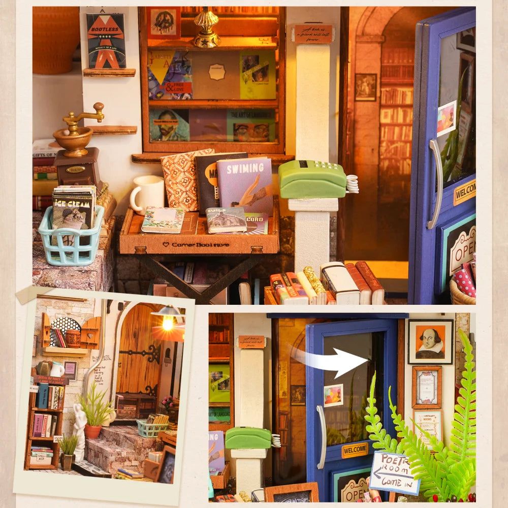 Rolife Corner Bookstore Dollhouse Kit 3D Wooden Puzzle