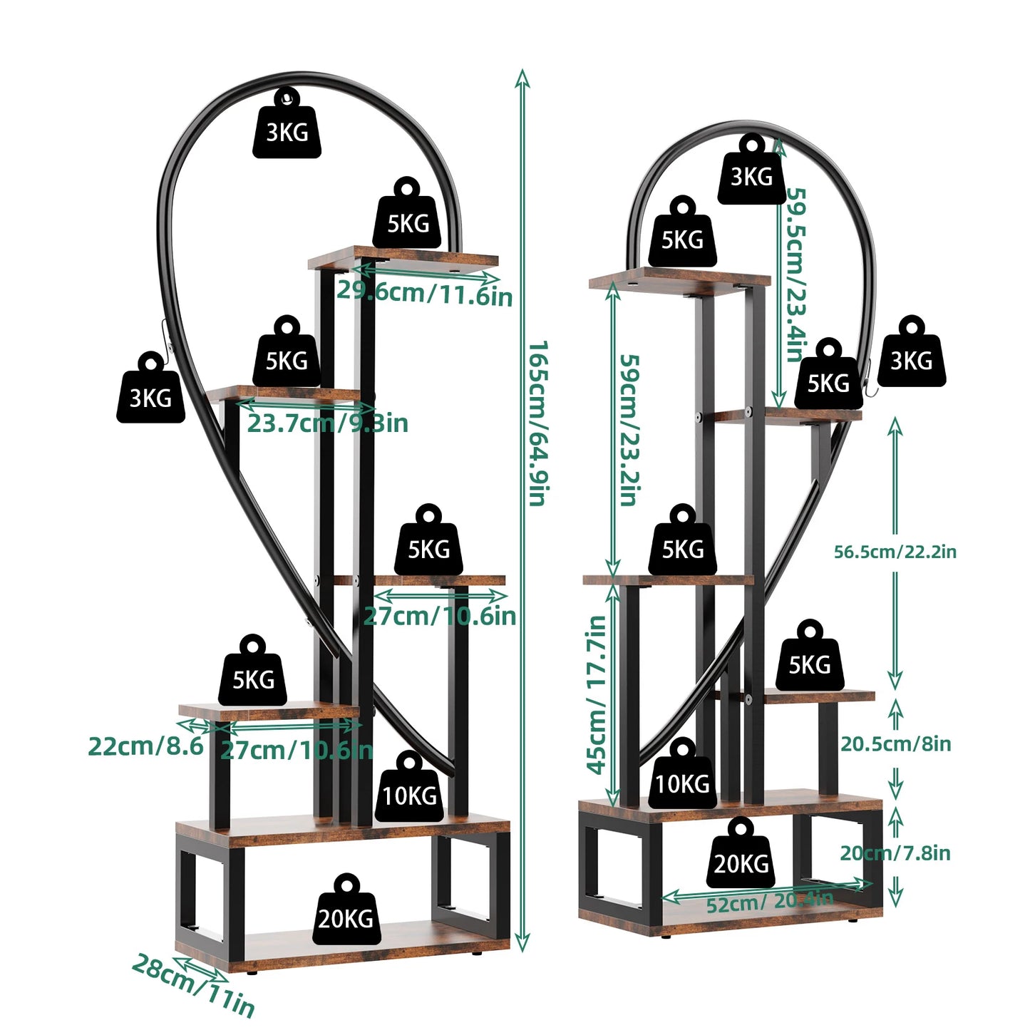 Plant Stand Half Heart Shaped Flower Shelf Rack 20 Pots With Hooks