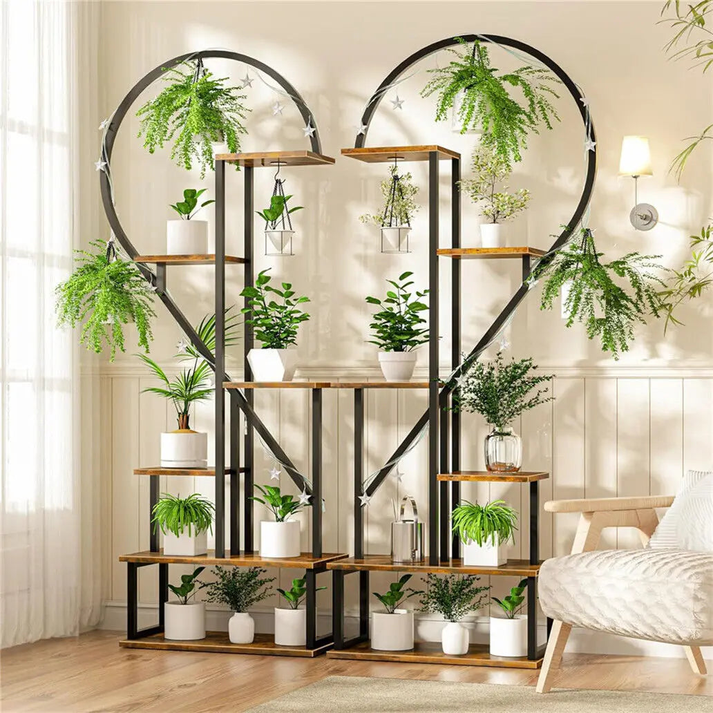 Plant Stand Half Heart Shaped Flower Shelf Rack 20 Pots With Hooks