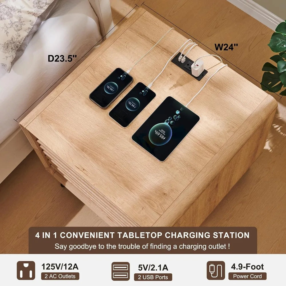 Mid Century Modern Nightstand With Charger Station And 2 Drawers