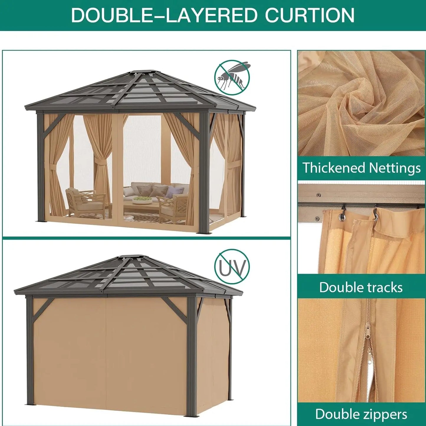 Hardtop Aluminum Gazebo With Mosquito Netting And Polycarbonate Panels