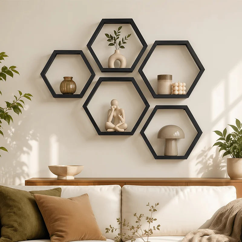 Set Of 3 Hexagonal Floating Wooden Wall Shelves