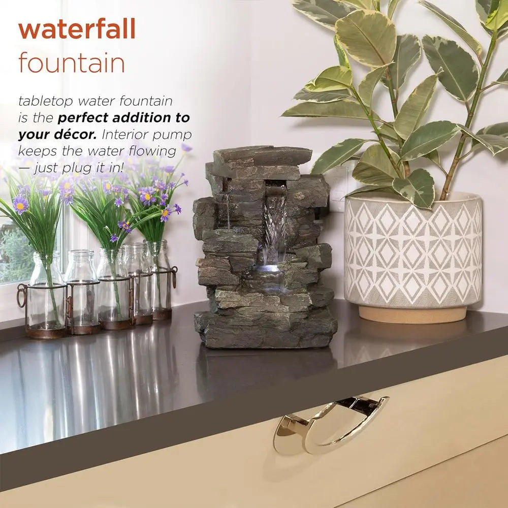 Indoor Tabletop Water Fountain With LED Four Tier Cascade