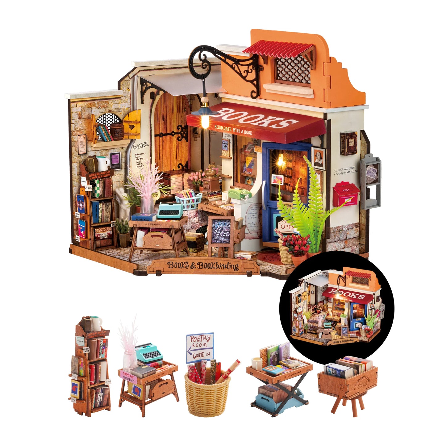 Rolife Corner Bookstore Dollhouse Kit 3D Wooden Puzzle