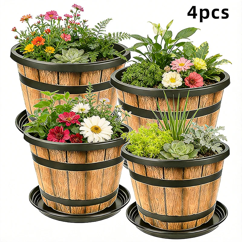 Resin Imitation Wooden Barrel Planter Indoor Outdoor Flower Pot
